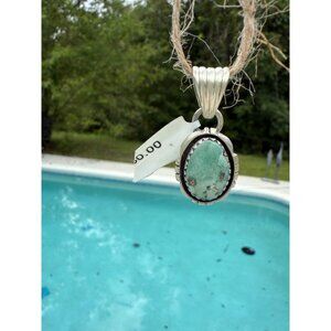 Signed Zuni Artisan Brushed Sterling Silver Turquoise Pendant Solid Back Gift